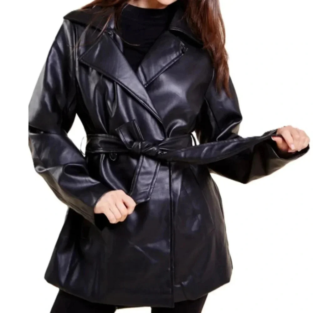 Melya Melody Paris Tie Up Waist Jacket  Faux Leather Sz XL Sleeve Length 27 "